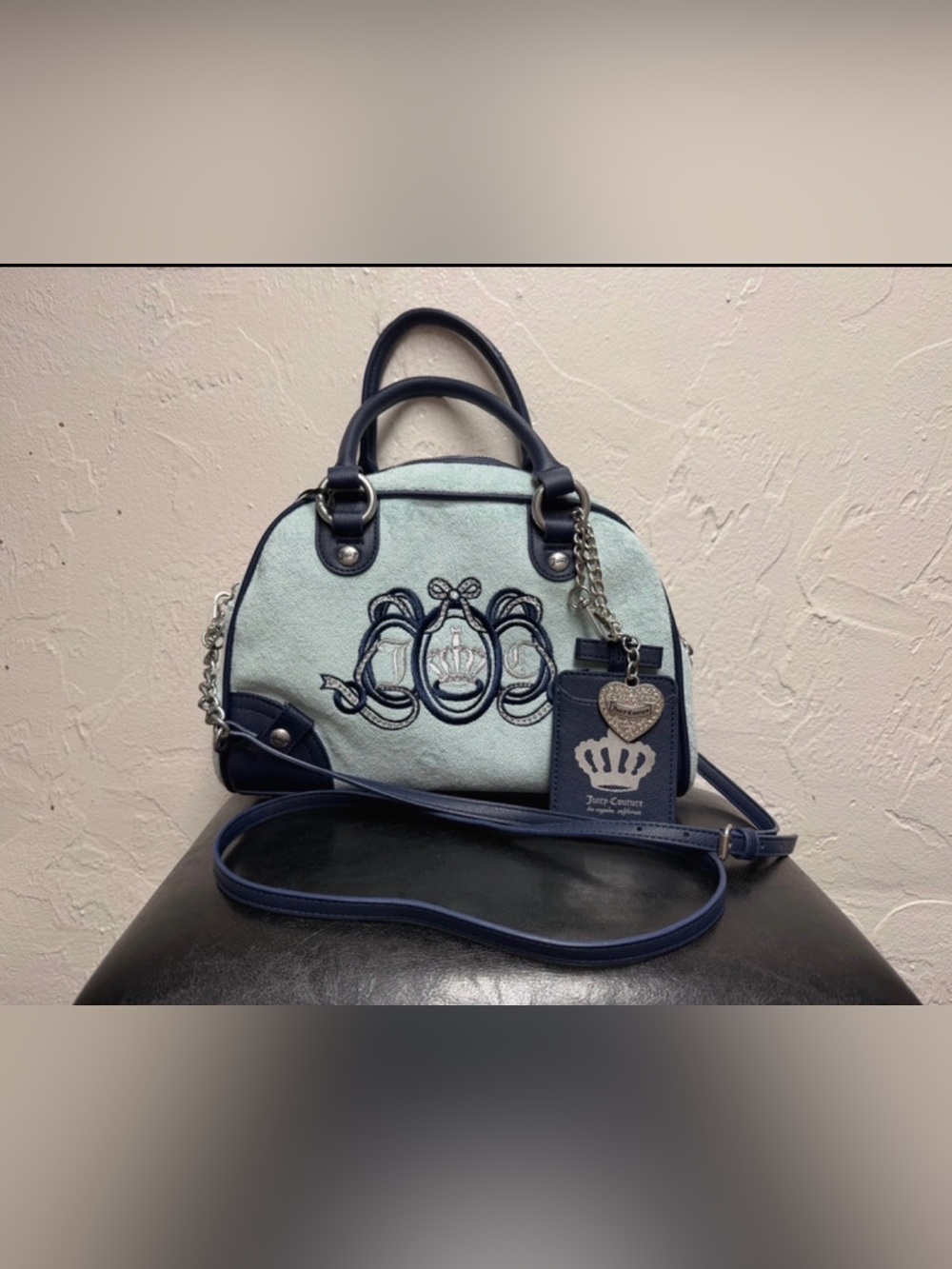 Juicy Couture Light Blue & Navy Embroidered Dome Satchel with Heart Charm